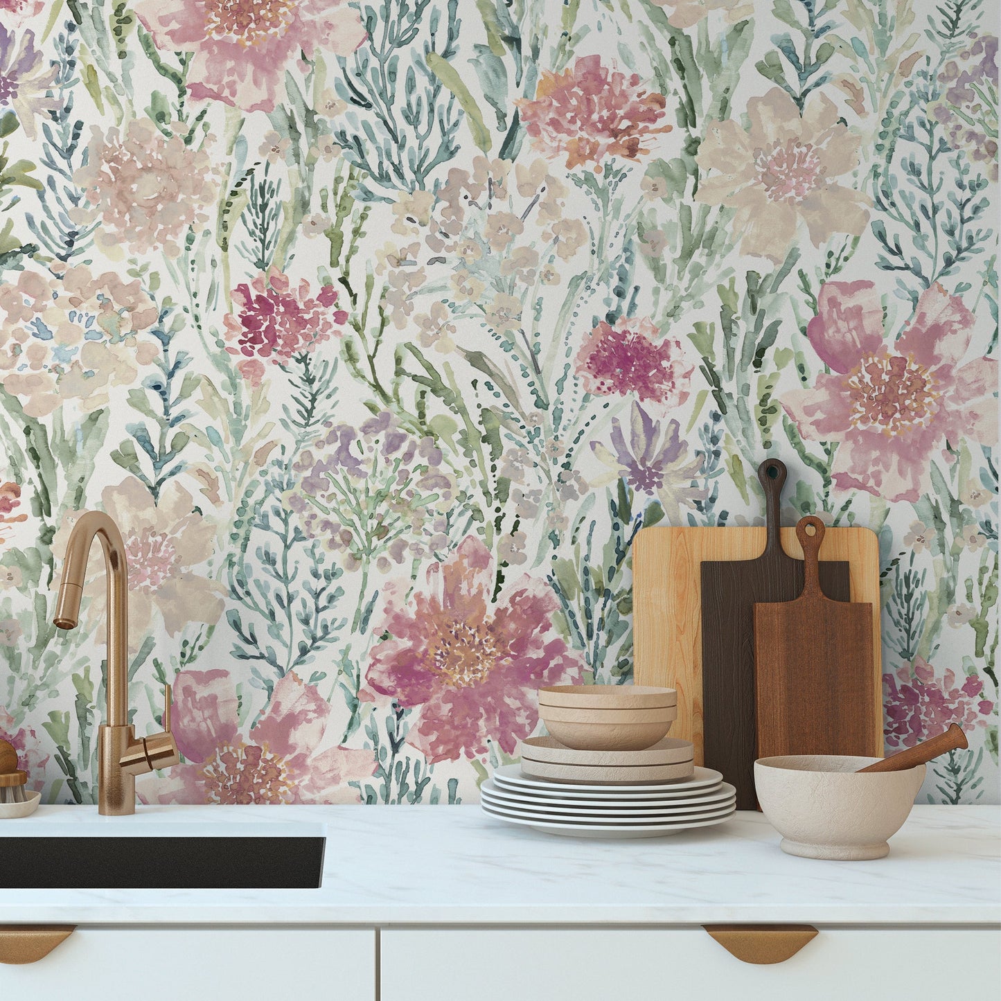 Mustertapete Blütentraum Rosé Aquarell - 10,05 m x 0,53 m