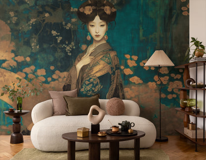 Fototapete Geisha Grün Gold - 3,71 m x 2,80 m