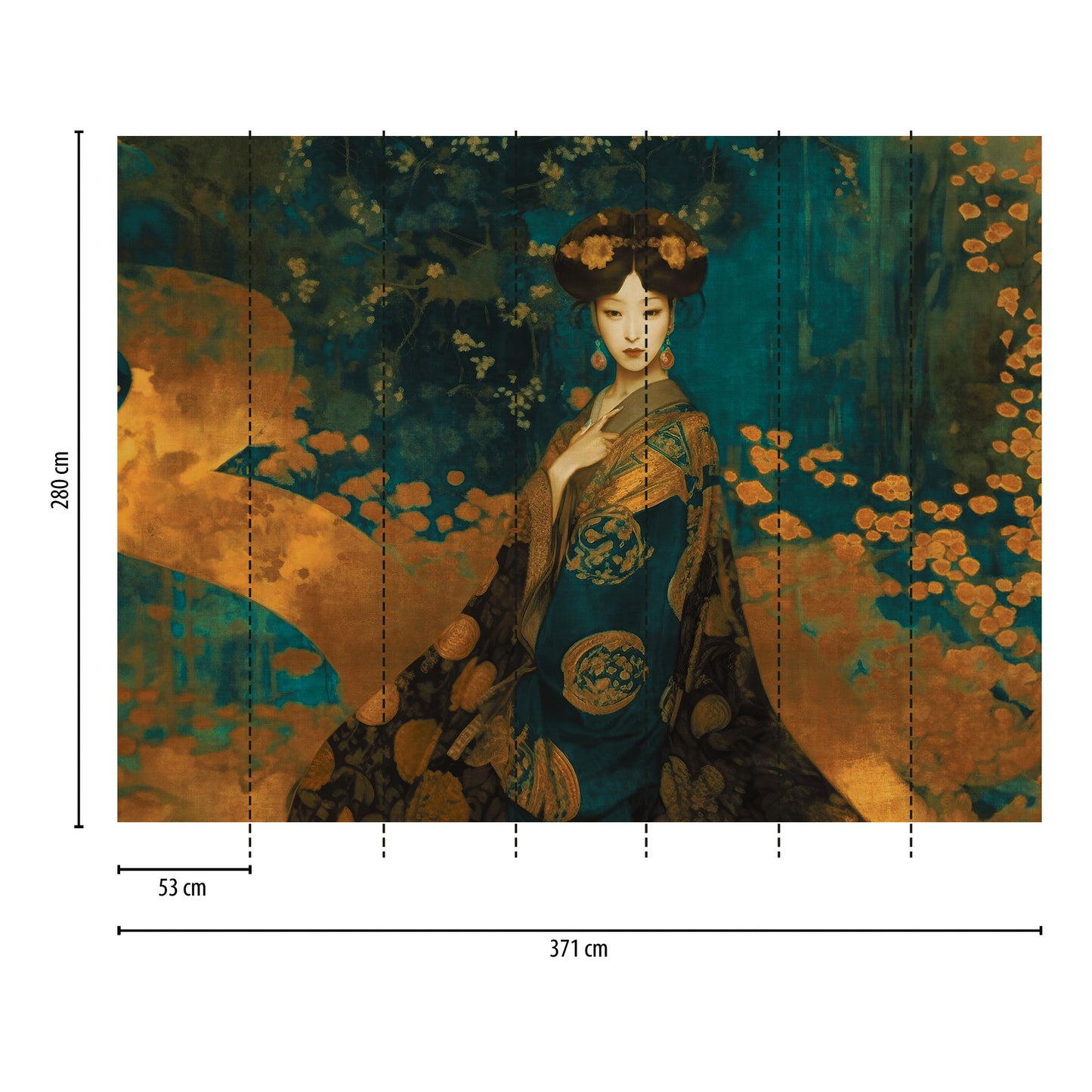 Fototapete Geisha Grün Gold - 3,71 m x 2,80 m