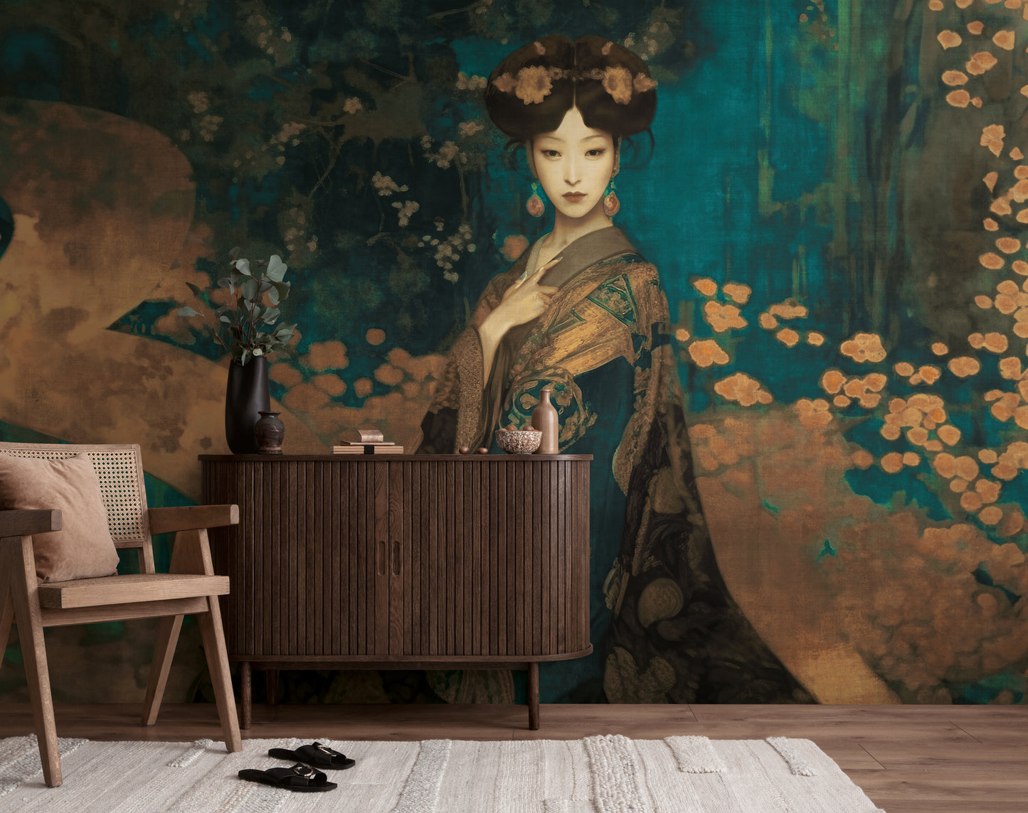 Fototapete Geisha Grün Gold - 3,71 m x 2,80 m