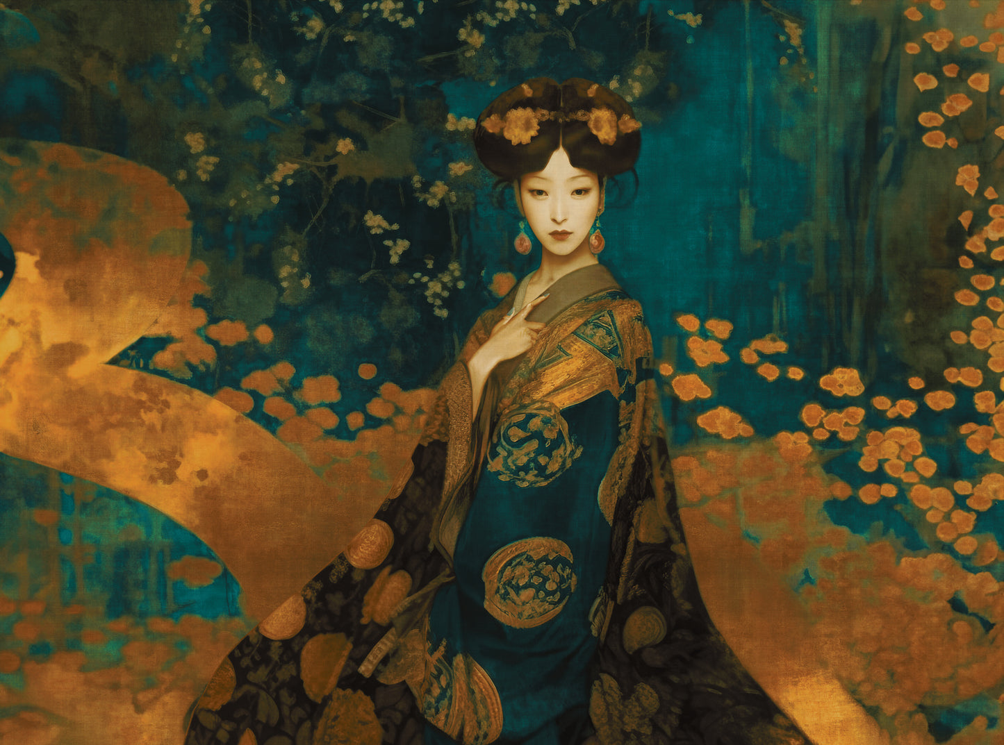 Fototapete Geisha Grün Gold - 3,71 m x 2,80 m