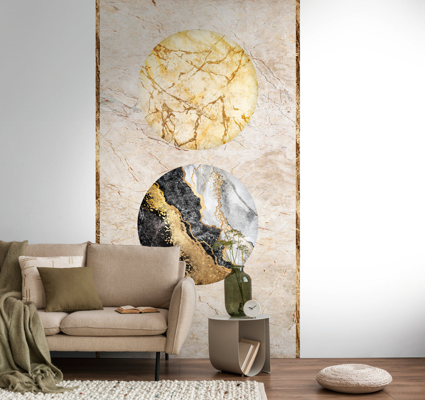Fototapete Marmor Kreise Beige Gold - 1,59 m x 2,80 m