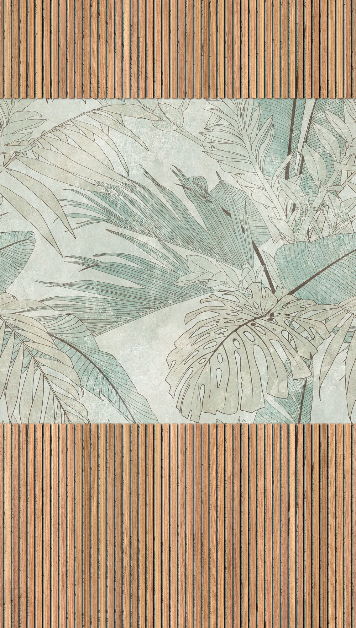 Fototapete Holzlamellen Blätter Beige Grün - 1,59 m x 2,80 m
