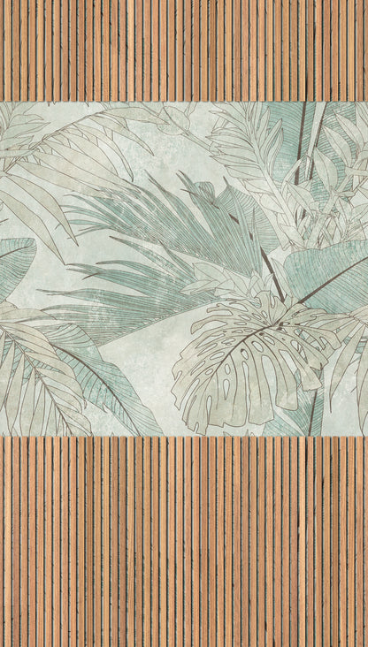 Fototapete Holzlamellen Blätter Beige Grün - 1,59 m x 2,80 m