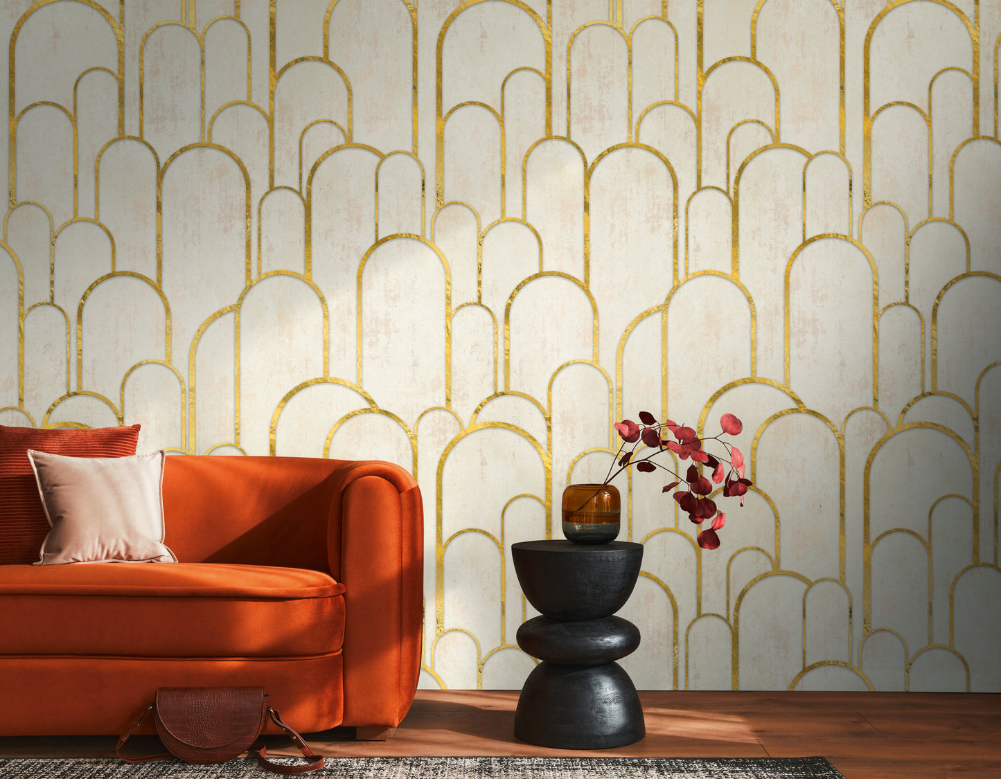 Fototapete Art Déco Bögen Gold Beige - 1,59 m x 2,80 m