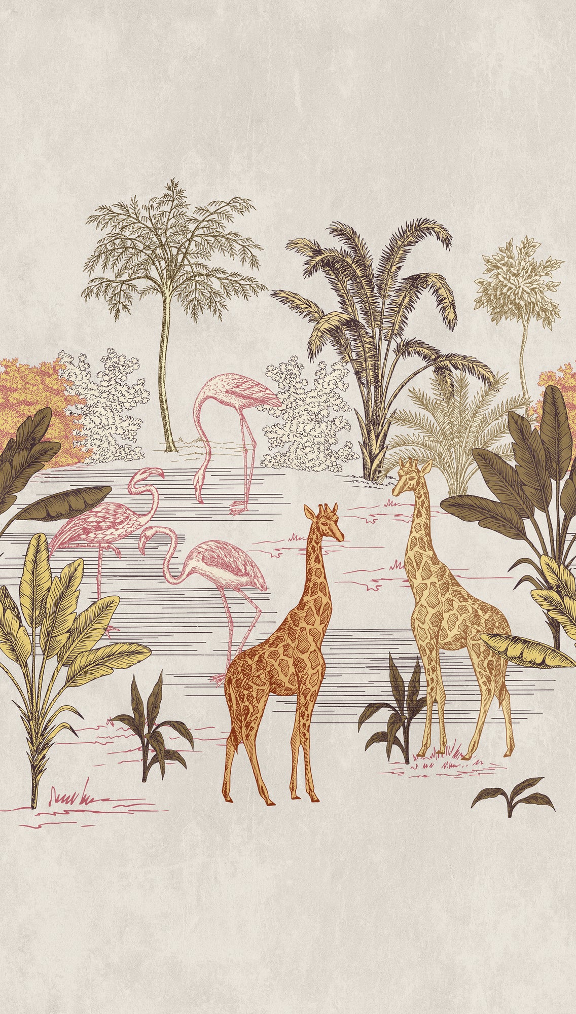 Fototapete Giraffen Flamingos Beige - 1,59 m x 2,80 m