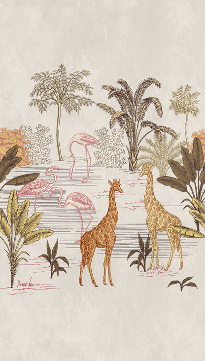 Fototapete Giraffen Flamingos Beige - 1,59 m x 2,80 m