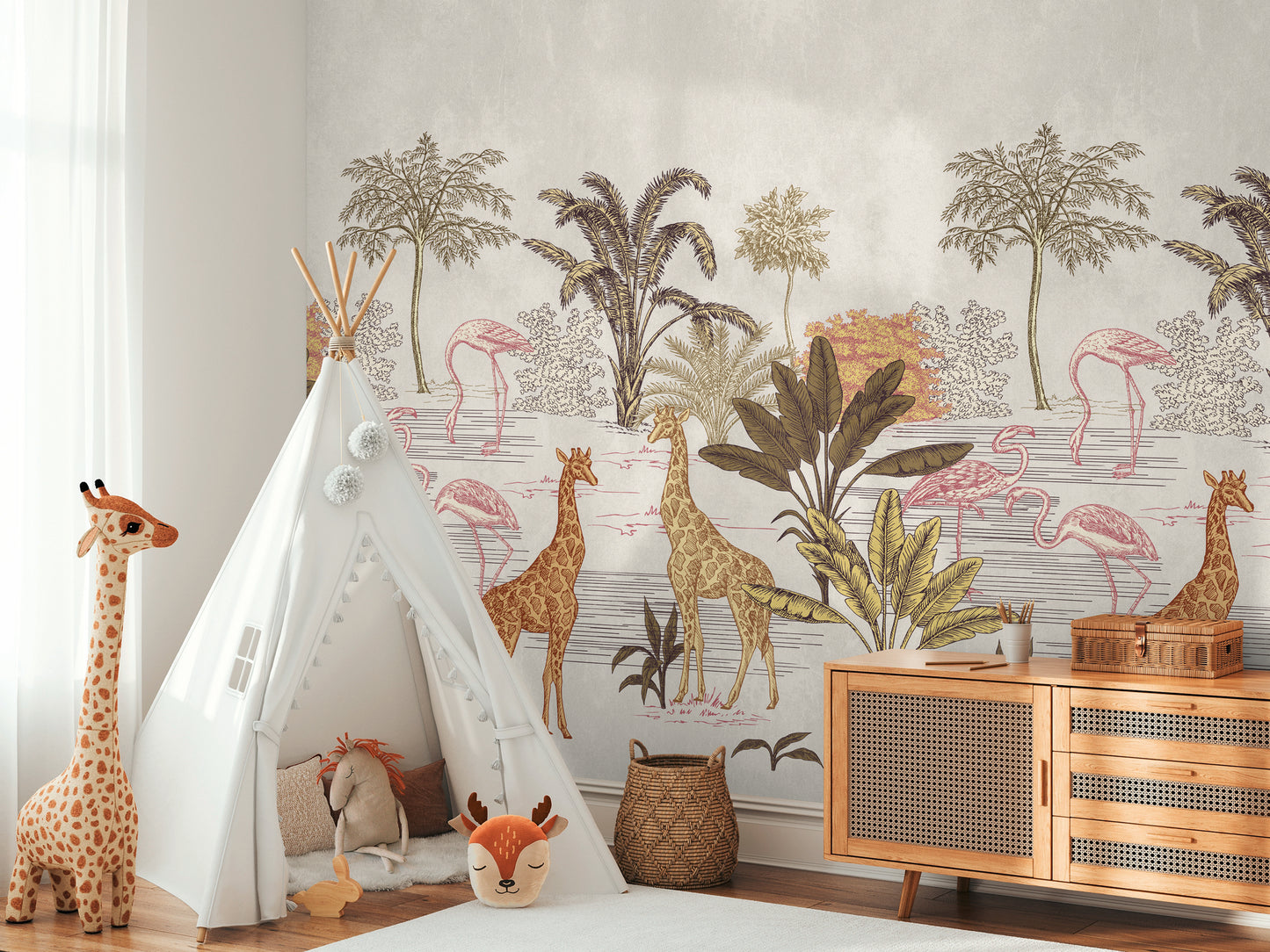 Fototapete Giraffen Flamingos Beige - 1,59 m x 2,80 m