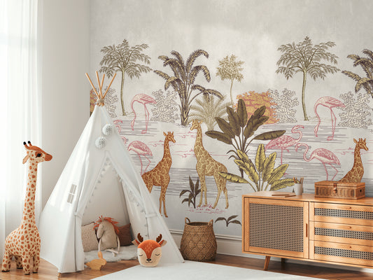 Fototapete Giraffen Flamingos Beige - 1,59 m x 2,80 m