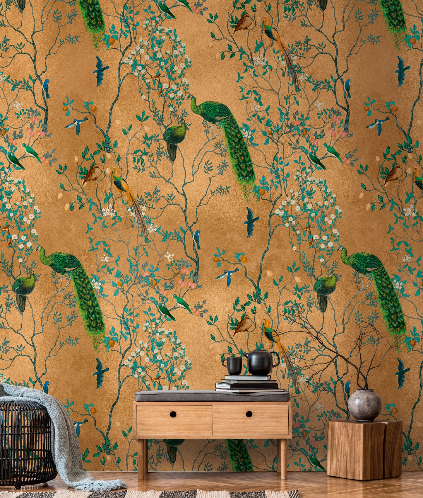 Fototapete Pfau Vintage Gold – 1,59 m x 2,80 m
