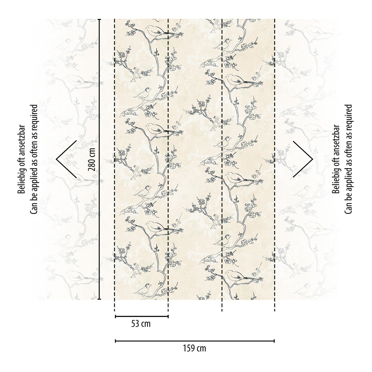 Fototapete Vögel Zweige Beige Grau - 1,59 m x 2,80 m