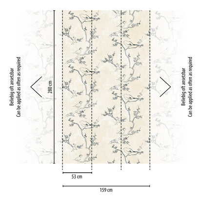 Fototapete Vögel Zweige Beige Grau - 1,59 m x 2,80 m