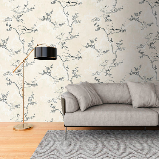 Fototapete Vögel Zweige Beige Grau - 1,59 m x 2,80 m