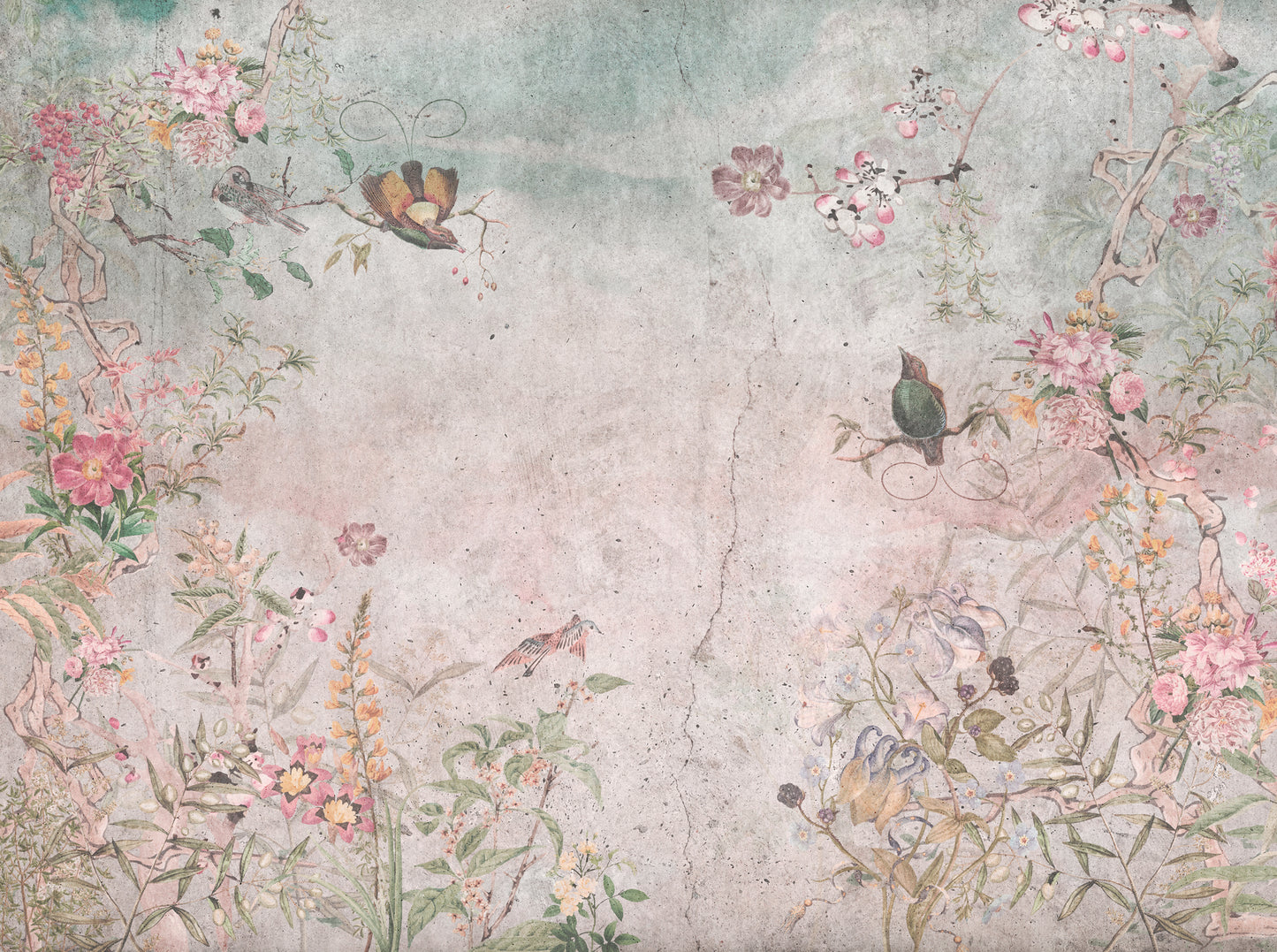 Fototapete Vintage Blumen mit Vögeln – 3,71 m x 2,80 m