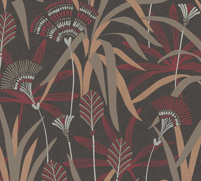 French Affair Blätter Vliestapete Metallic Schwarz Rot Weiß 10,05 m x 0,53 m