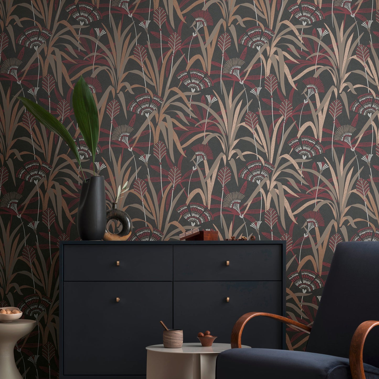 French Affair Blätter Vliestapete Metallic Schwarz Rot Weiß 10,05 m x 0,53 m