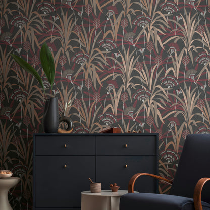 French Affair Blätter Vliestapete Metallic Schwarz Rot Weiß 10,05 m x 0,53 m