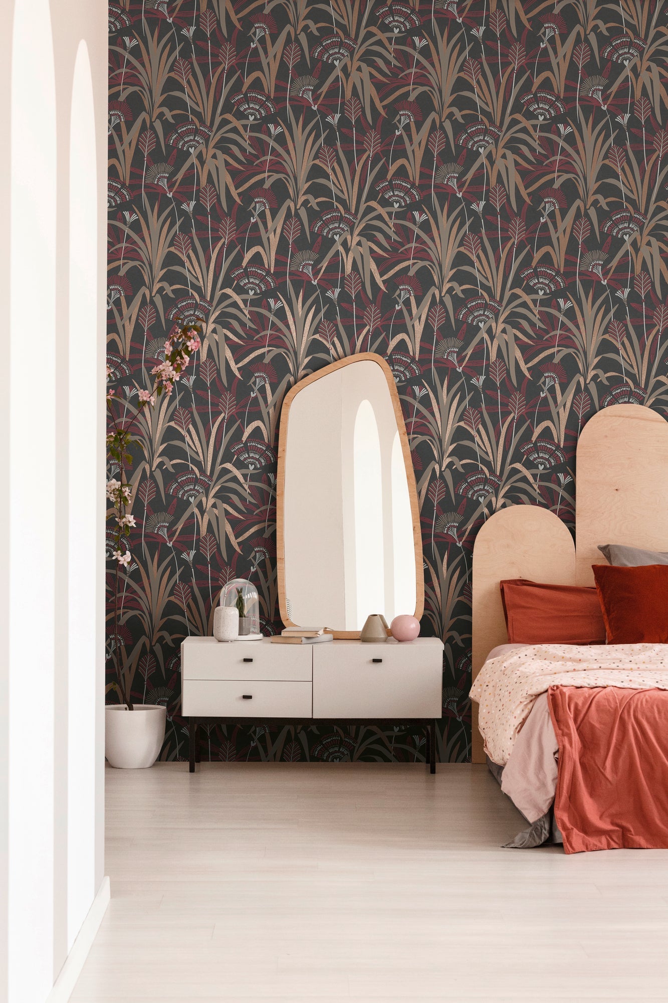 French Affair Blätter Vliestapete Metallic Schwarz Rot Weiß 10,05 m x 0,53 m