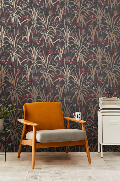 French Affair Blätter Vliestapete Metallic Schwarz Rot Weiß 10,05 m x 0,53 m