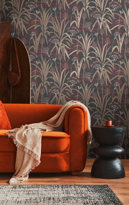 French Affair Blätter Vliestapete Metallic Schwarz Rot Weiß 10,05 m x 0,53 m