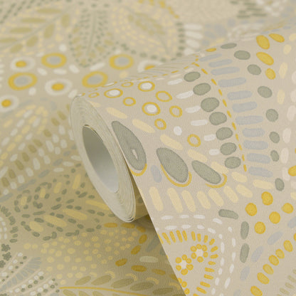 Mustertapete Florales Mosaik Beige-Ocker - 10,05 m x 0,53 m