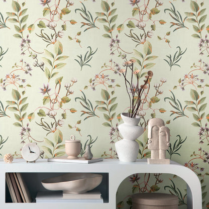 Mustertapete Zarte Zweige Grün Beige - 10,05 m x 0,53 m