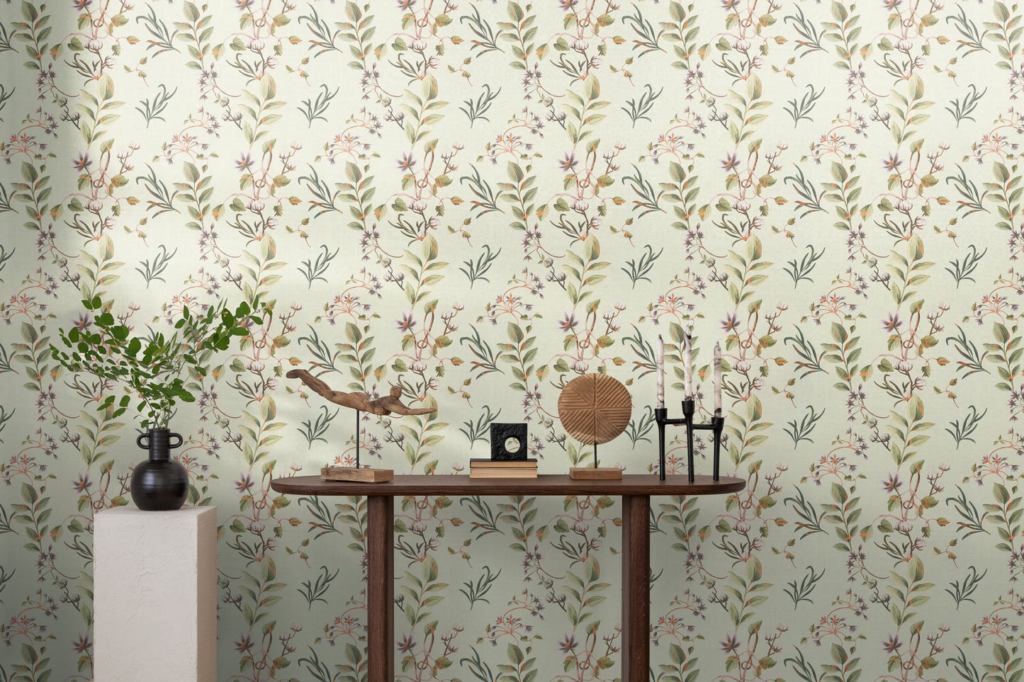 Mustertapete Zarte Zweige Grün Beige - 10,05 m x 0,53 m