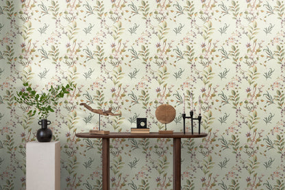 Mustertapete Zarte Zweige Grün Beige - 10,05 m x 0,53 m
