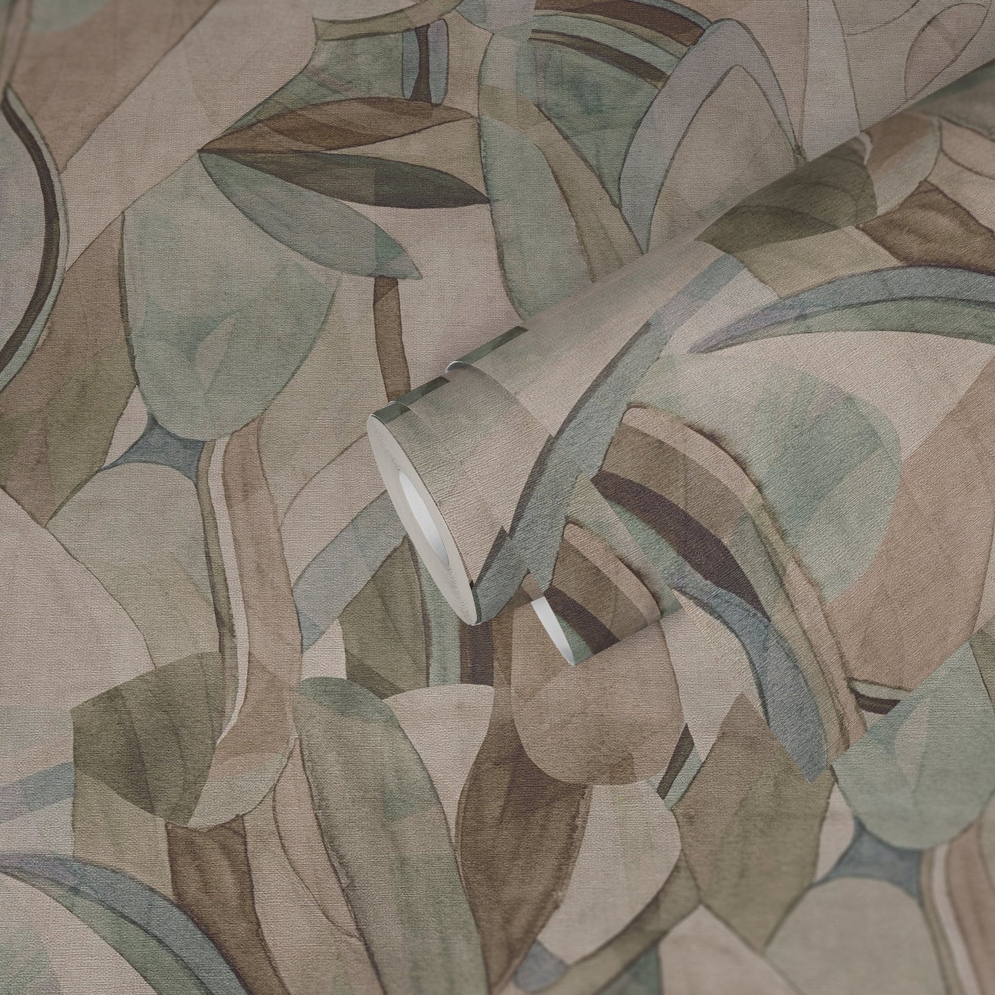 Mustertapete Blätter Aquarell Beige Grün - 10,05 m x 0,53 m