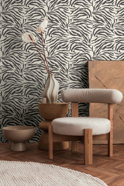 Mustertapete Zebra Muster Beige Schwarz - 10,05 m x 0,53 m