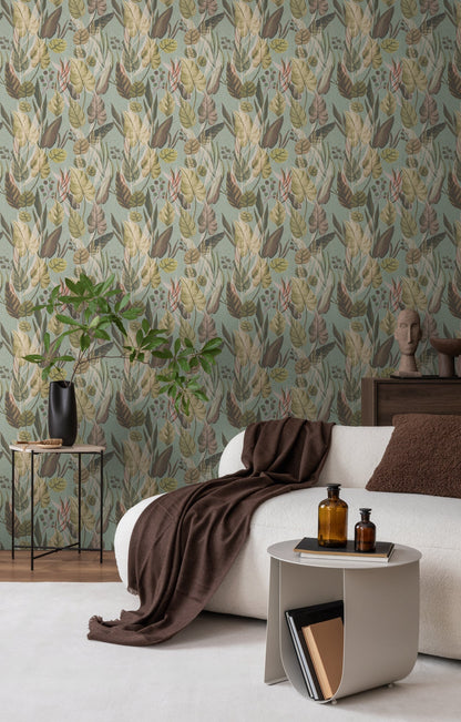 Mustertapete Tropische Blätter Mint Grün - 10,05 m x 0,53 m