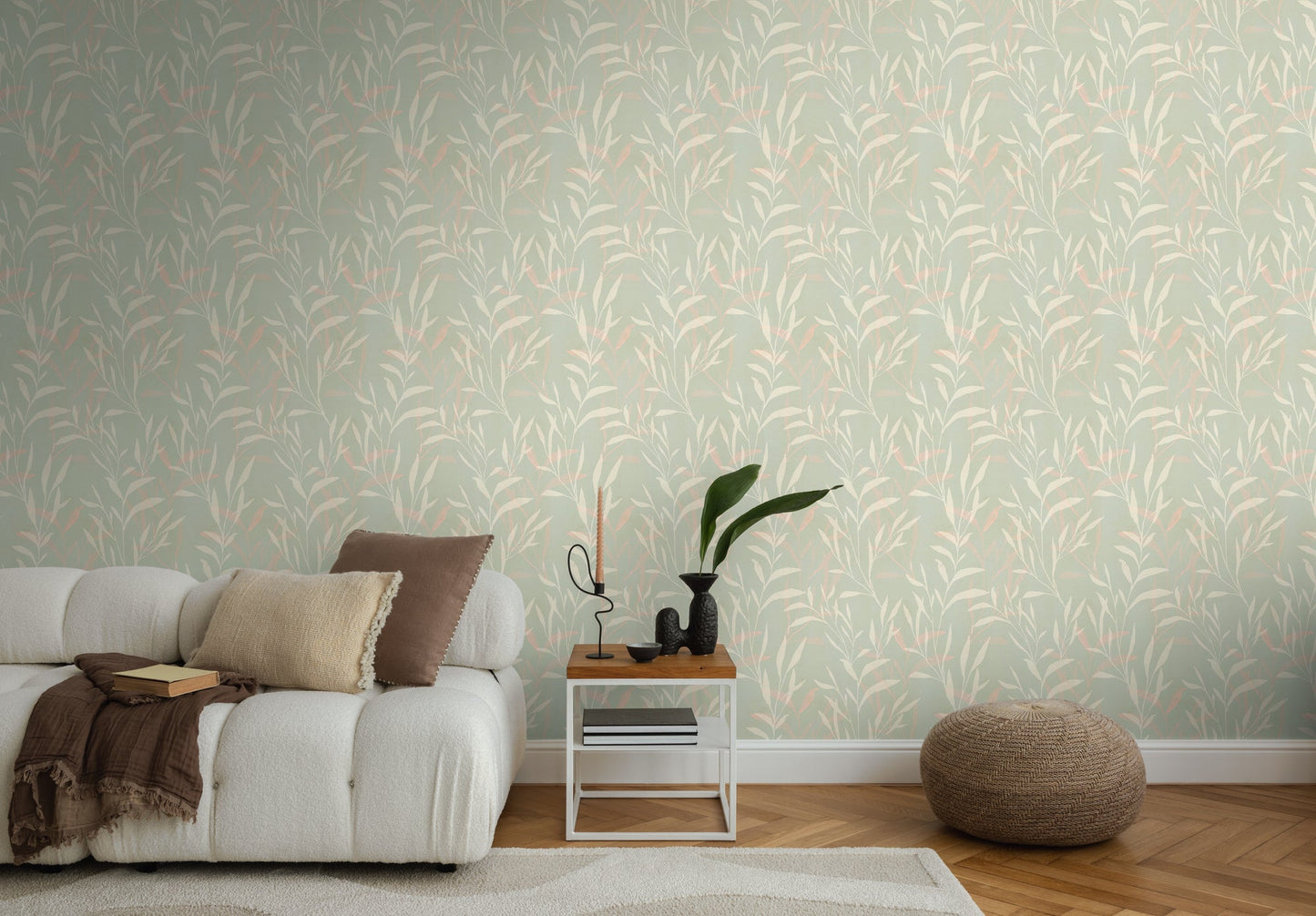 Mustertapete Blätter Mint Beige - 10,05 m x 0,53 m