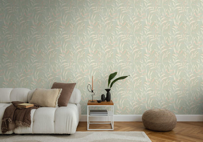 Mustertapete Blätter Mint Beige - 10,05 m x 0,53 m