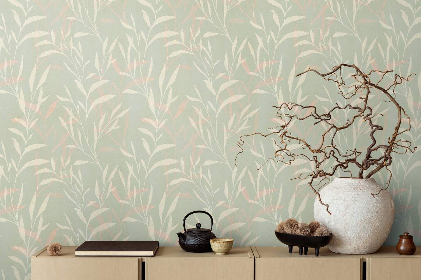 Mustertapete Blätter Mint Beige - 10,05 m x 0,53 m