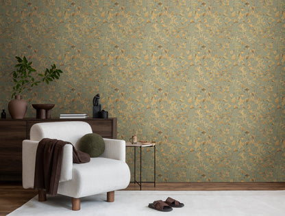 Mustertapete Ginkgo Blätter Grün Gold - 10,05 m x 0,53 m