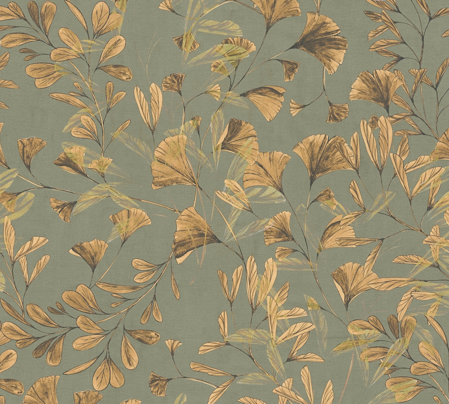 Mustertapete Ginkgo Blätter Grün Gold - 10,05 m x 0,53 m