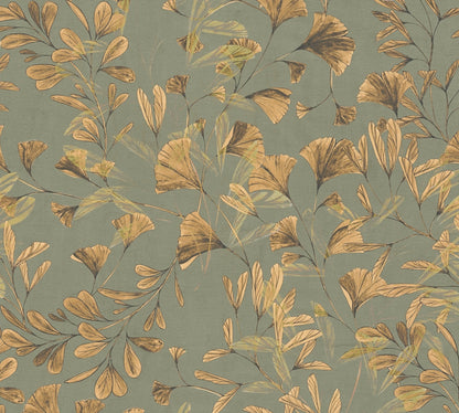 Mustertapete Ginkgo Blätter Grün Gold - 10,05 m x 0,53 m