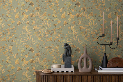 Mustertapete Ginkgo Blätter Grün Gold - 10,05 m x 0,53 m