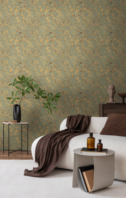 Mustertapete Ginkgo Blätter Grün Gold - 10,05 m x 0,53 m