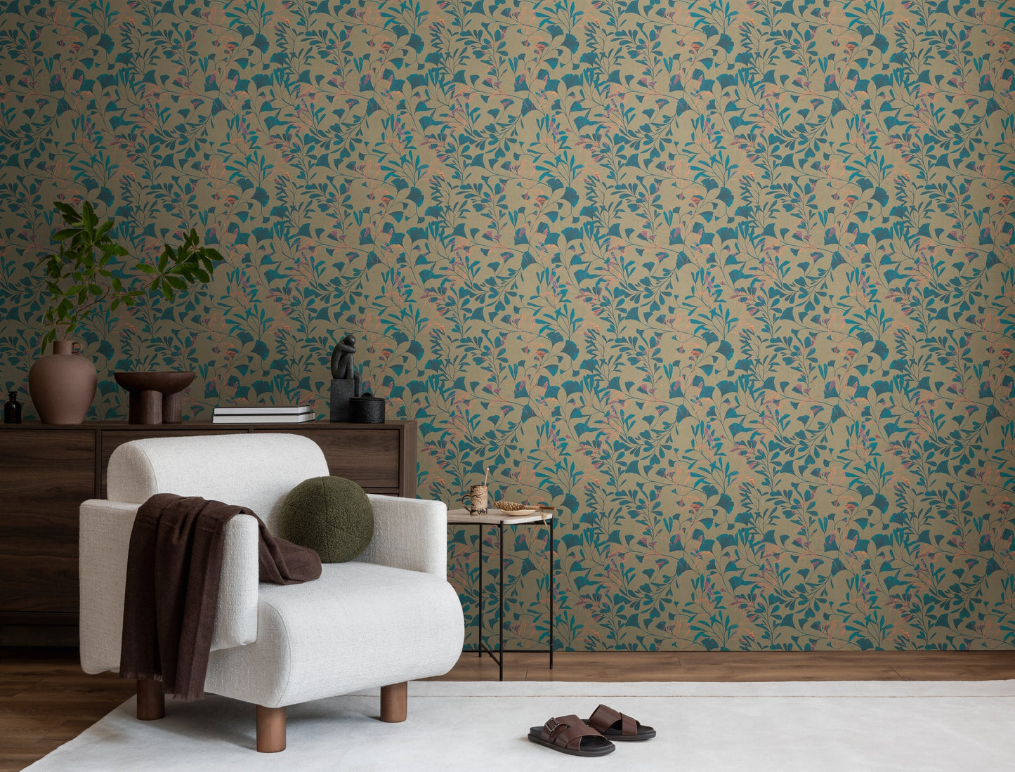 Mustertapete Ginkgo Blätter Petrol Beige - 10,05 m x 0,53 m
