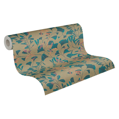 Mustertapete Ginkgo Blätter Petrol Beige - 10,05 m x 0,53 m