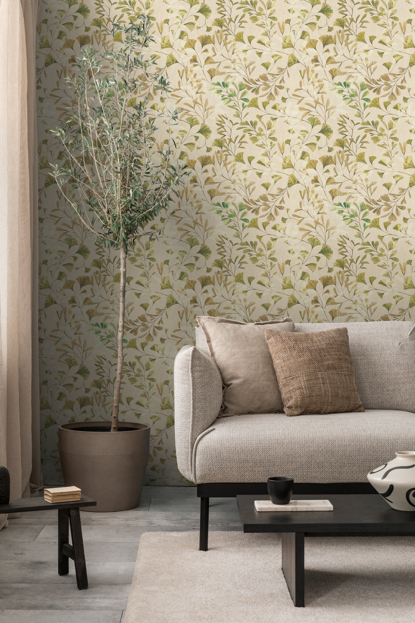 Mustertapete Ginkgo Blätter Beige Grün - 10,05 m x 0,53 m