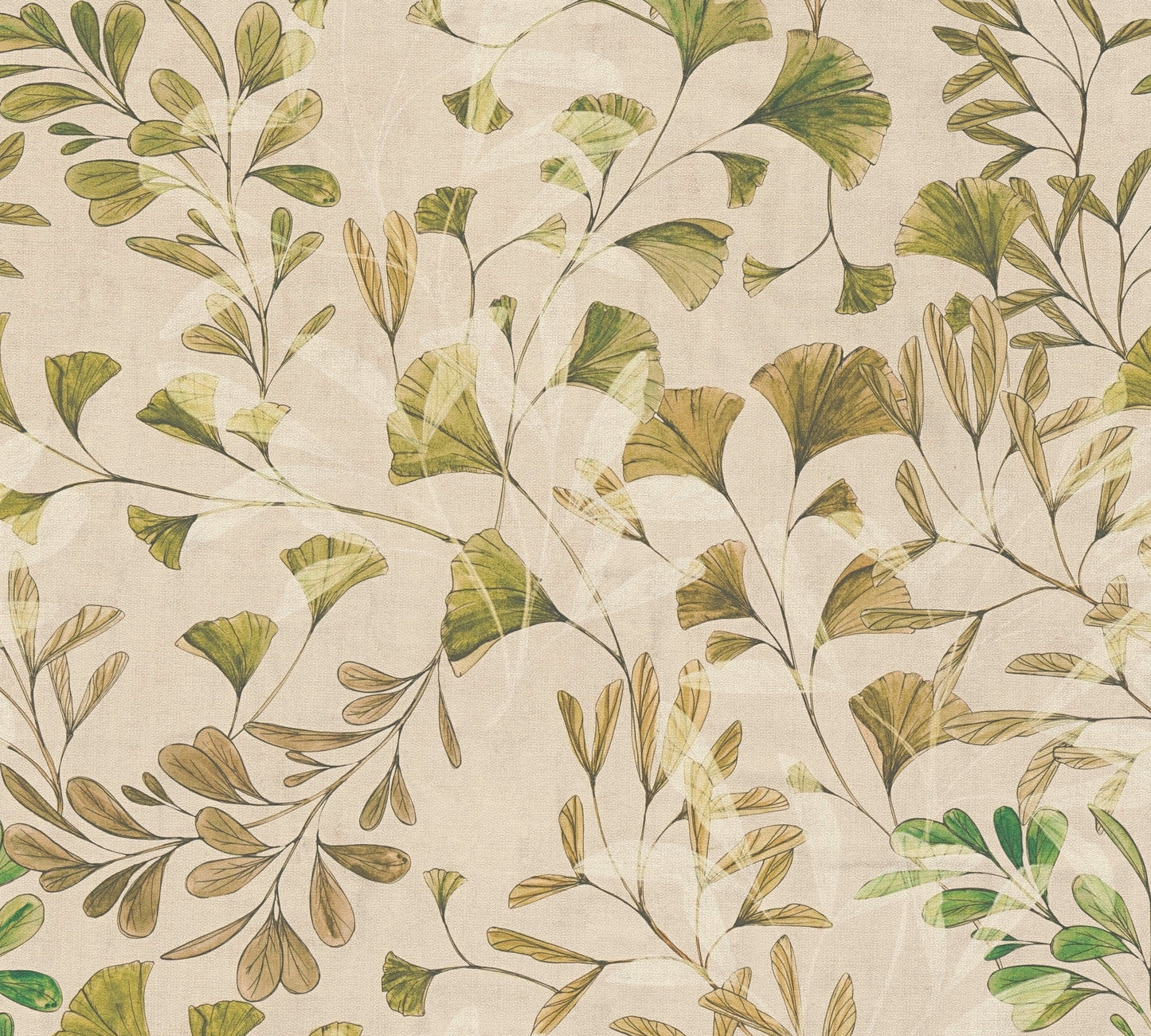 Mustertapete Ginkgo Blätter Beige Grün - 10,05 m x 0,53 m