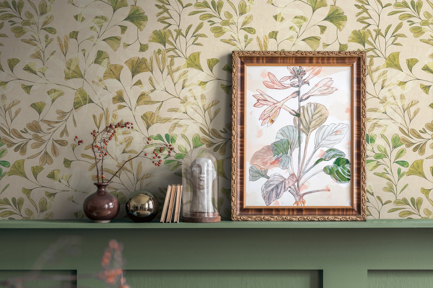 Mustertapete Ginkgo Blätter Beige Grün - 10,05 m x 0,53 m