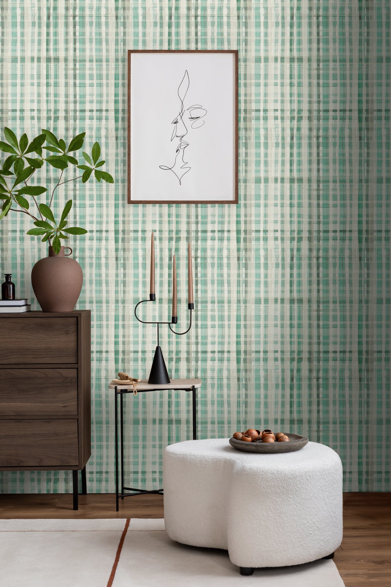 Mustertapete Aquarell-Karo Türkis-Grau - 10,05 m x 0,53 m