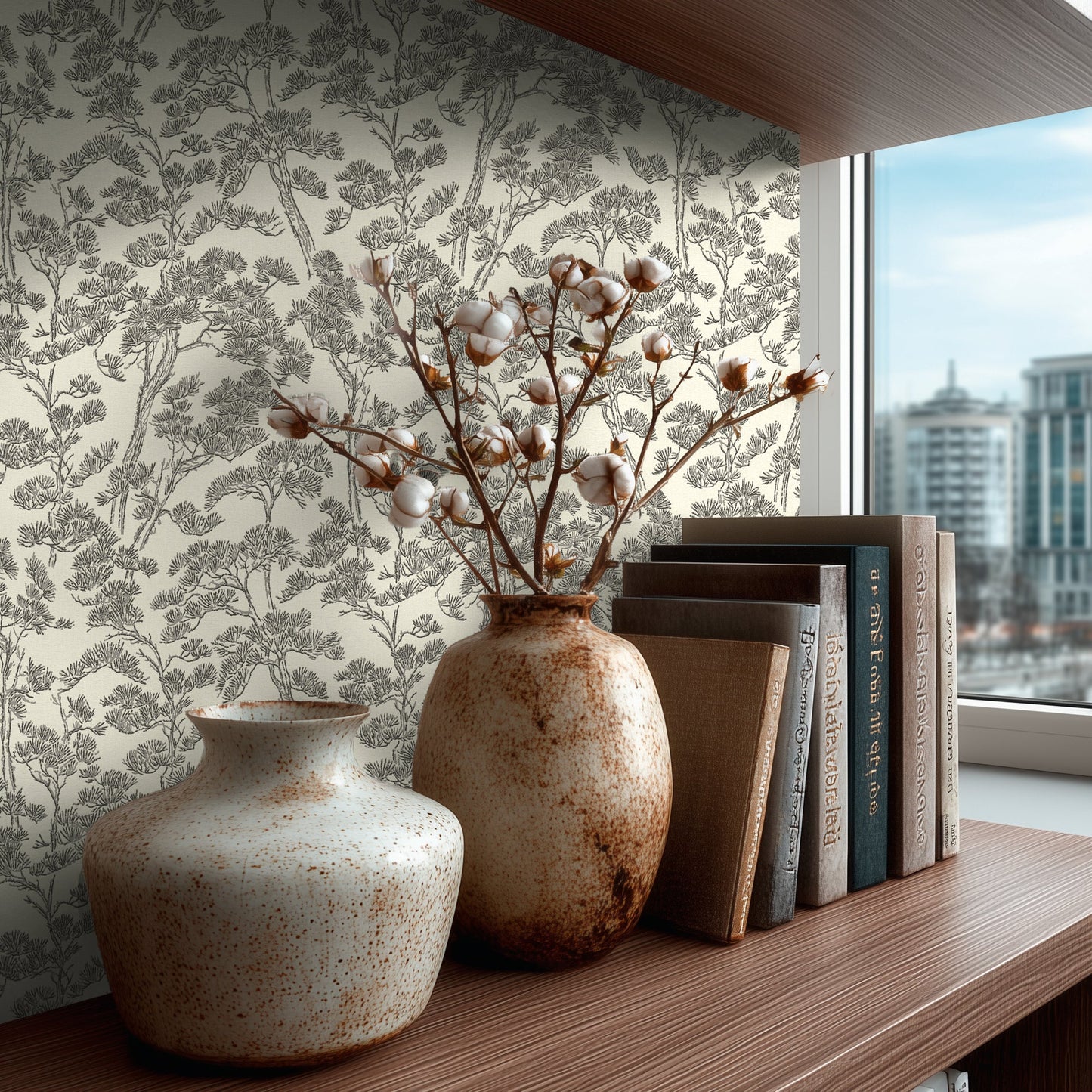 Mustertapete Pinienwald Graubeige - 10,05 m x 0,53 m