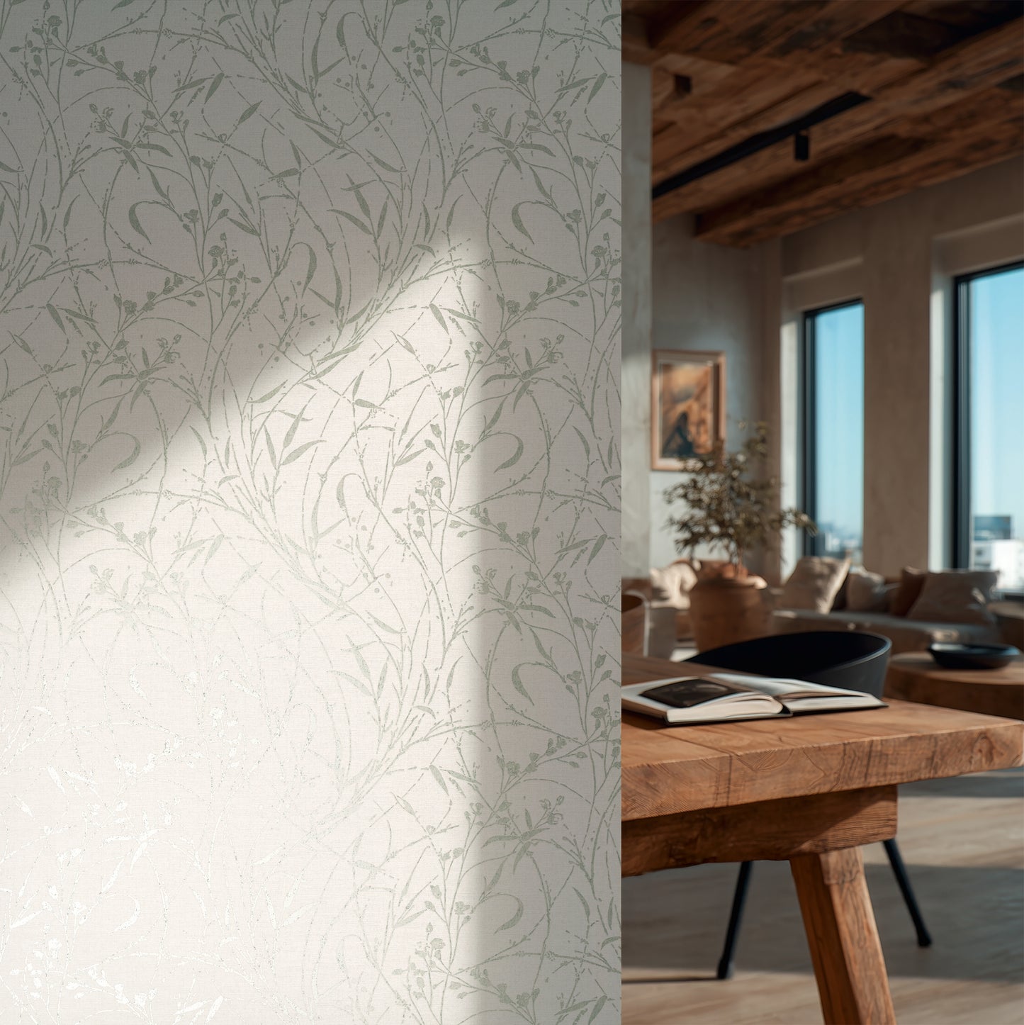 Livingwalls Vibes & Styles Fee - Wild Free Wildblumen Creme Grün - 10,05 m x 0,53 m