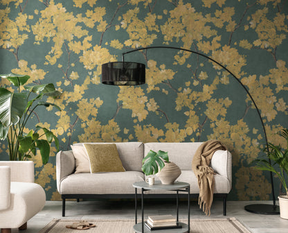 Fototapete Blüten Gold Grün - 1,59 m x 2,80 m