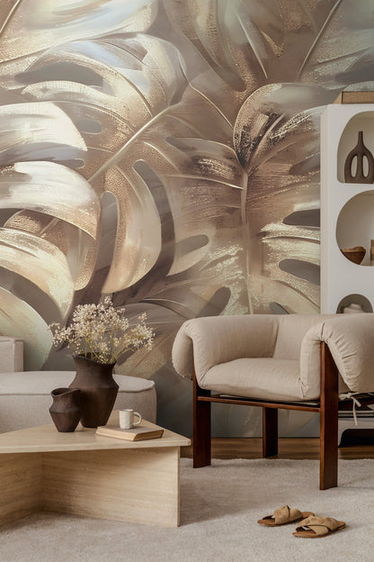 Fototapete Monstera Gold Beige - 1,59 m x 2,80 m
