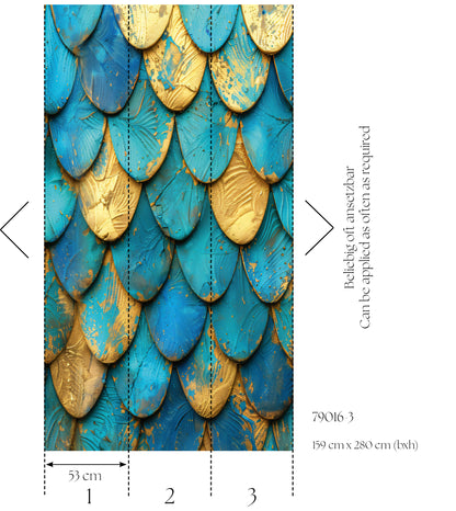 Fototapete Schuppen Blau Gold - 1,59 m x 2,80 m